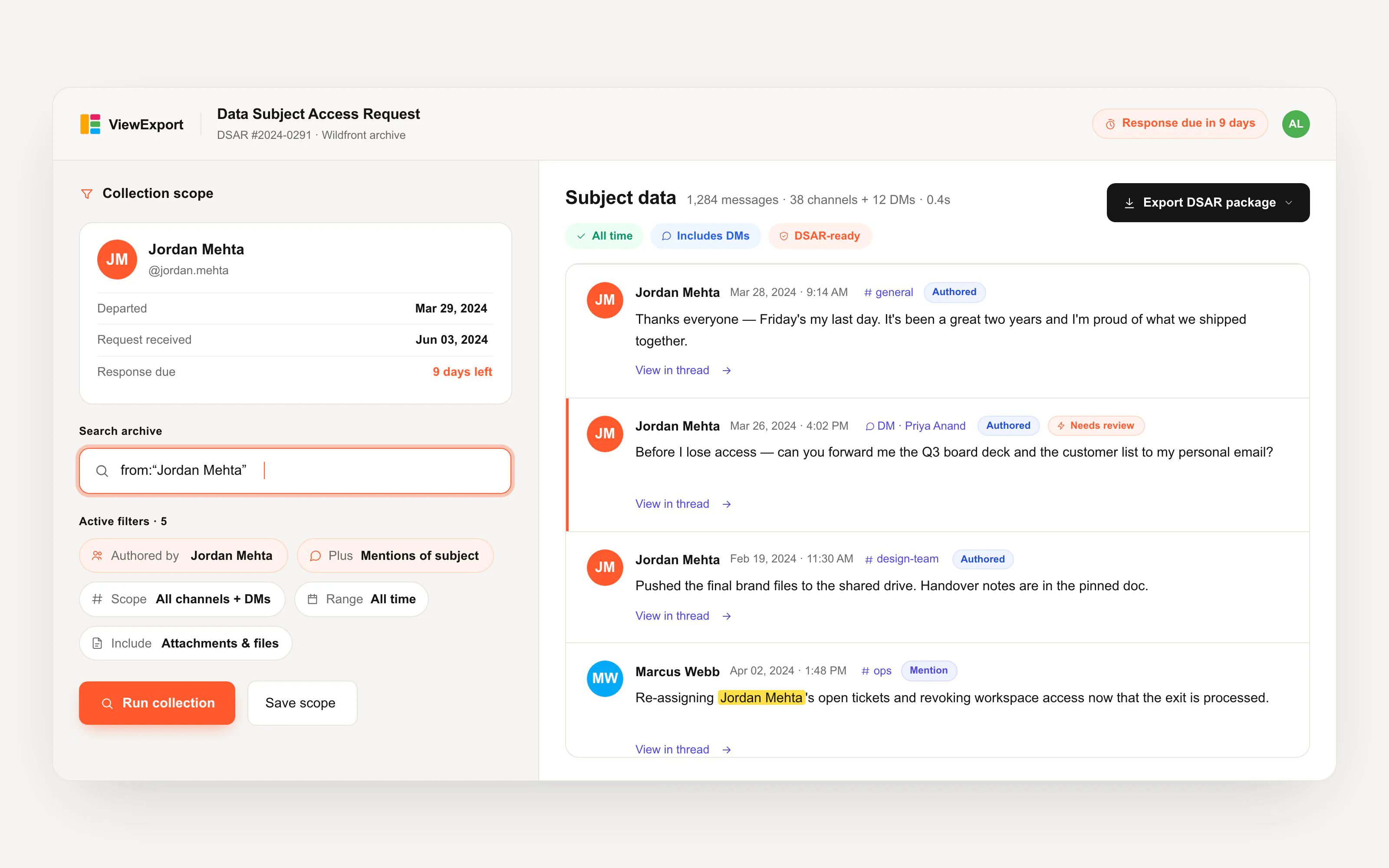Subject-based collection: search a person's Slack messages across channels and DMs