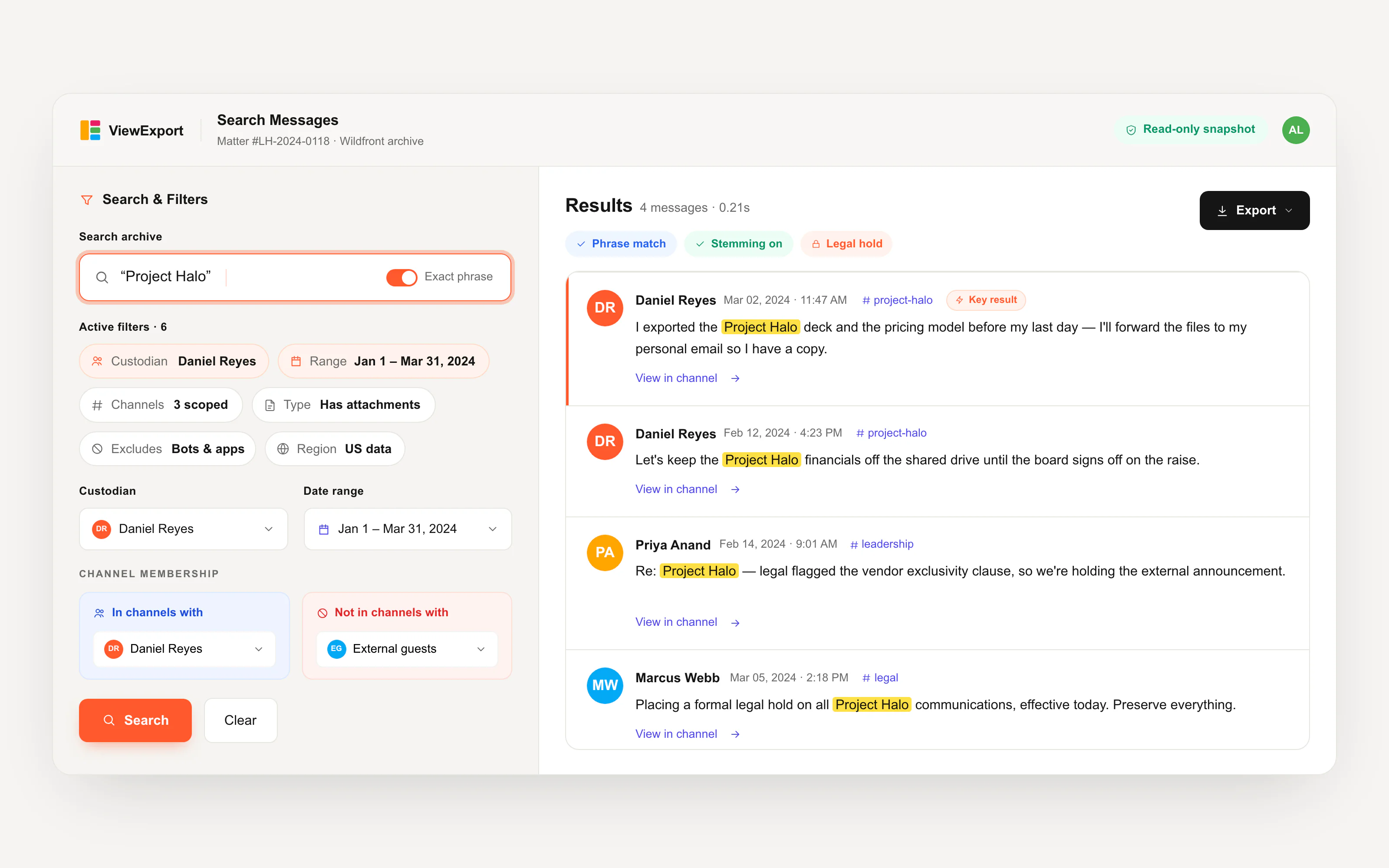 ViewExport filtered search demo